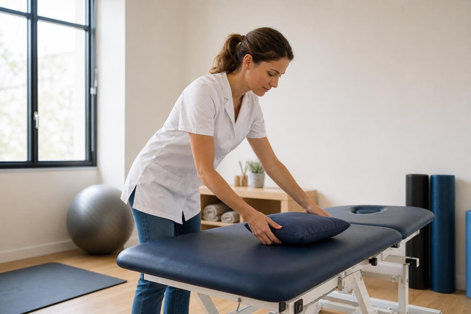 Une femme en tenue blanche ajuste un coussin sur une table de soin dans une salle de cabinet sobre et lumineuse.
